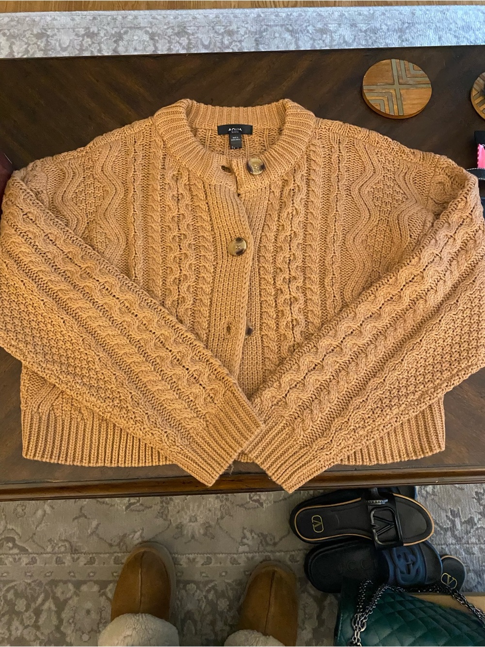 EUC Aqua Cotton Warm Cinnamon Ribbed Cable Knit Cardigan